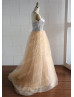 Silver Sequin Champagne Tulle Beaded Long Prom Dress Silver Sequin Champagne Tulle Beaded Long Prom Dress